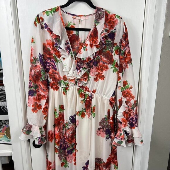 Une âmi White Floral Ruffle Maxi Dress – Long Sleeve, Side Slit, Size Large - Picture 2 of 8